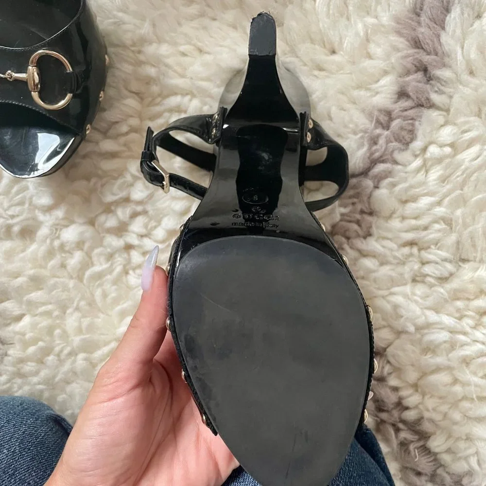 Gucci Sand Pelle Peep Toe S CUOIO Patent Leather Vernice Heels 38 - Picture 5 of 12